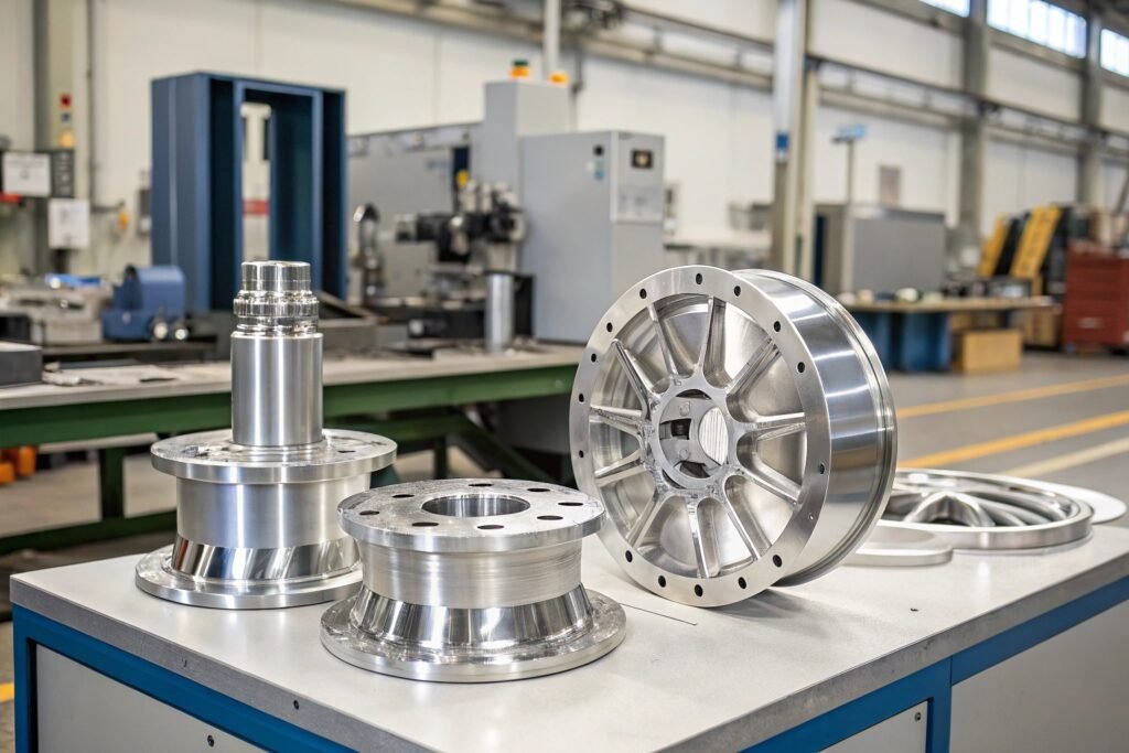 A close-up image of a CNC milling machine precisely cutting a complex shape into a forged aluminum part, highlighting tool engagement and surface quality.